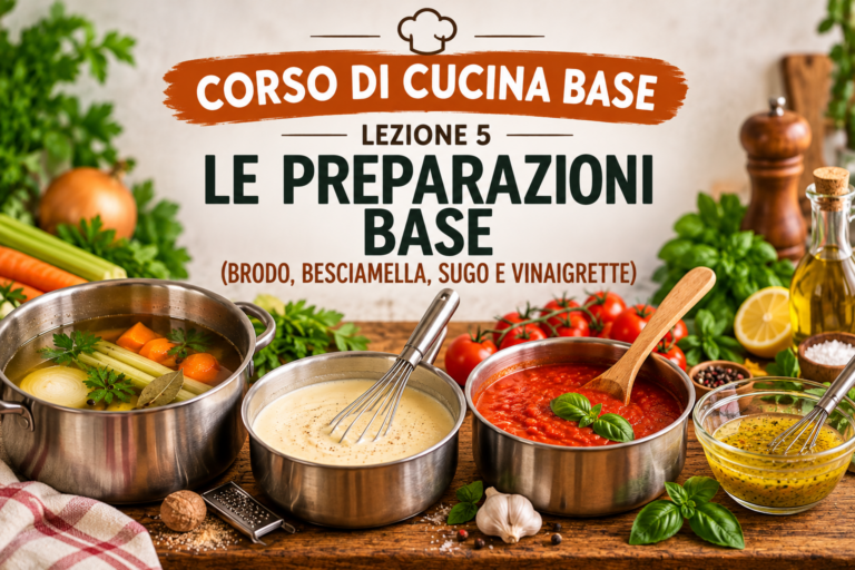 Corso di cucina base – Lezione 5: le preparazioni base (brodo, besciamella, sugo e vinaigrette)