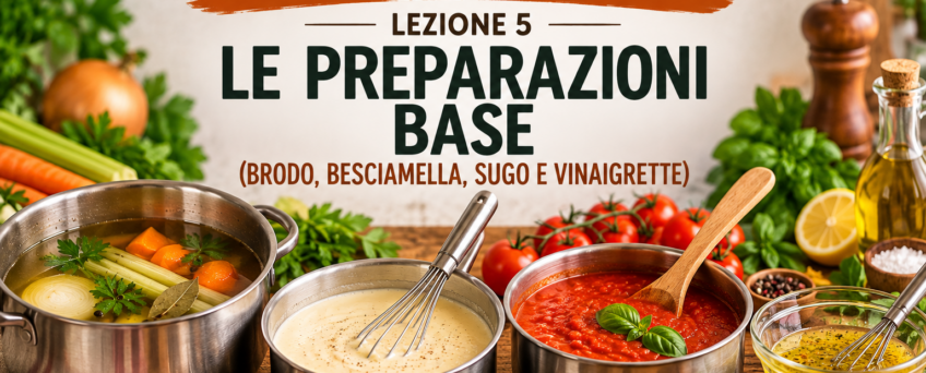 Corso di cucina base – Lezione 5: le preparazioni base (brodo, besciamella, sugo e vinaigrette)
