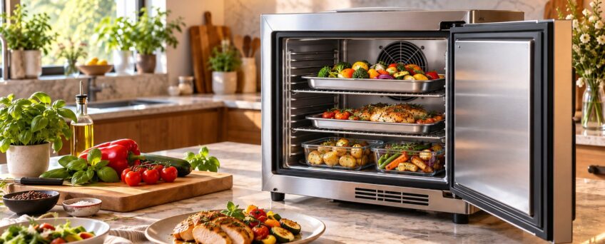 Abbattitore di temperatura domestico in cucina con teglie di verdure e pollo