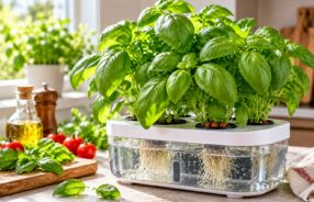 Basilico coltivato in idroponica in un sistema da cucina con radici in acqua