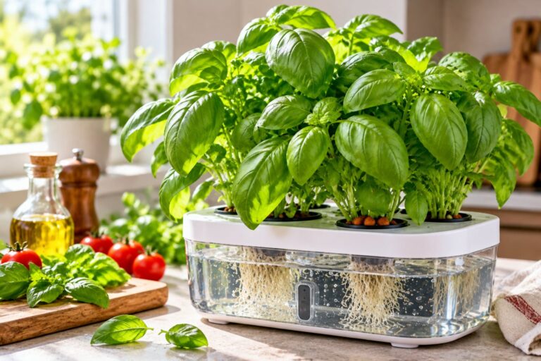 Basilico coltivato in idroponica in un sistema da cucina con radici in acqua