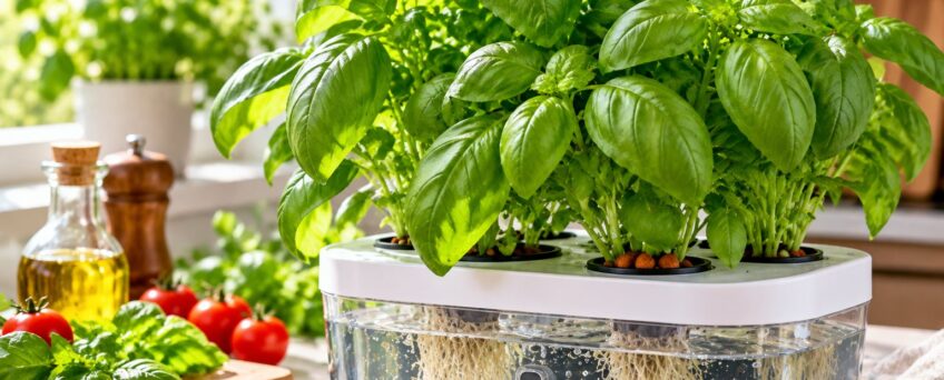 Basilico coltivato in idroponica in un sistema da cucina con radici in acqua