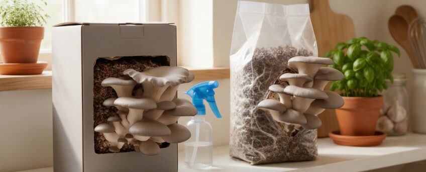 Funghi pleurotus coltivati in casa su una mensola della cucina