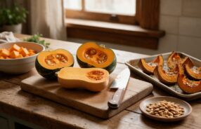 Zucca delica e butternut tagliate sul tagliere, cubetti di zucca e semi tostati