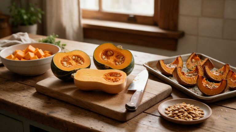 Zucca delica e butternut tagliate sul tagliere, cubetti di zucca e semi tostati