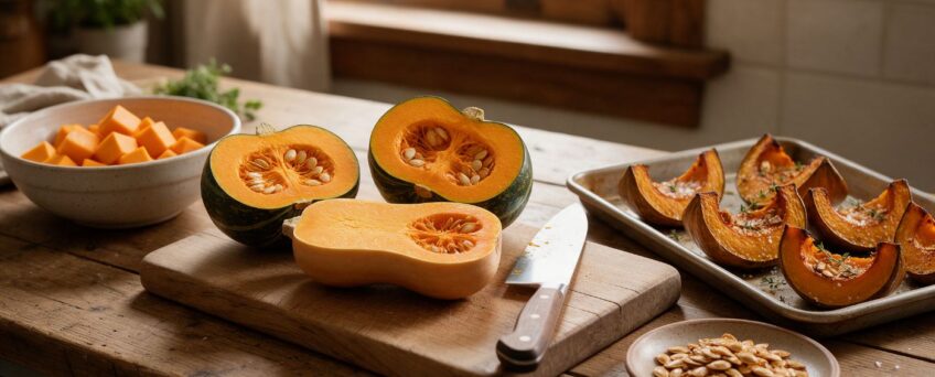 Zucca delica e butternut tagliate sul tagliere, cubetti di zucca e semi tostati