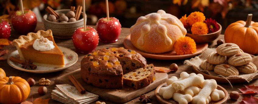 Dolci tipici di Halloween e dei Morti: pumpkin pie, mele caramellate, pan de muerto e fave dei morti