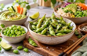 Edamame al sale, edamame sgusciati, hummus di edamame e poke bowl