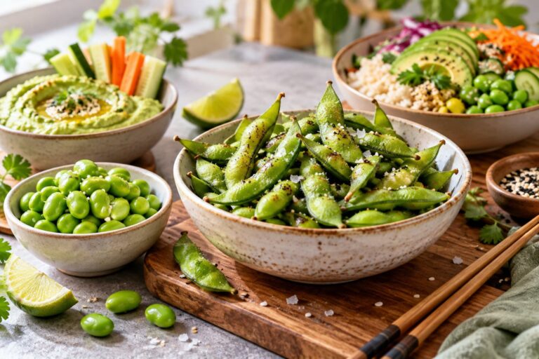 Edamame al sale, edamame sgusciati, hummus di edamame e poke bowl