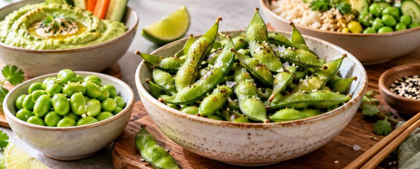 Edamame al sale, edamame sgusciati, hummus di edamame e poke bowl