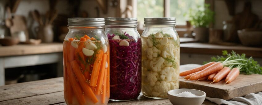 Vasetti di vetro con carote fermentate e verdure lattofermentate in salamoia