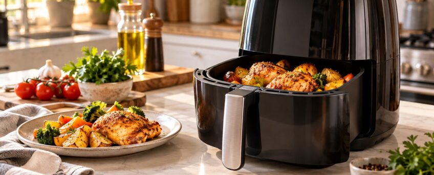 Friggitrice ad aria con pollo e patate nel cestello