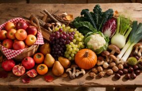 Frutta e verdura di stagione in autunno: zucca, mele, cachi, melagrane, castagne e cavoli