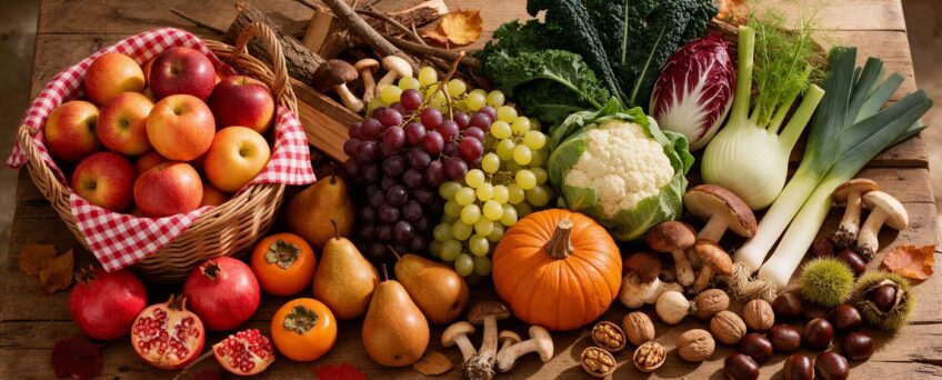 Frutta e verdura di stagione in autunno: zucca, mele, cachi, melagrane, castagne e cavoli