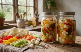 Giardiniera fermentata con cavolfiore, peperoni e carote in vasetti di vetro