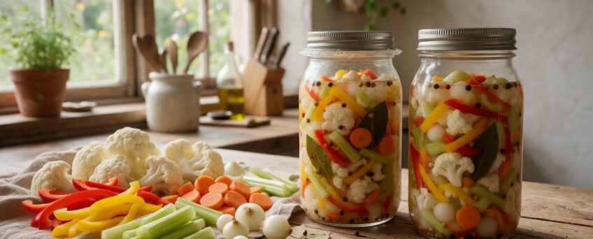 Giardiniera fermentata con cavolfiore, peperoni e carote in vasetti di vetro