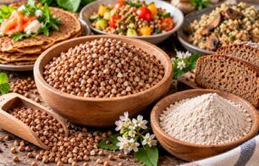 Grano saraceno in chicchi e farina con piatti a base di grano saraceno