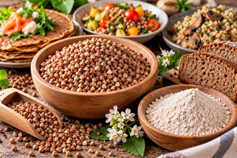 Grano saraceno in chicchi e farina con piatti a base di grano saraceno