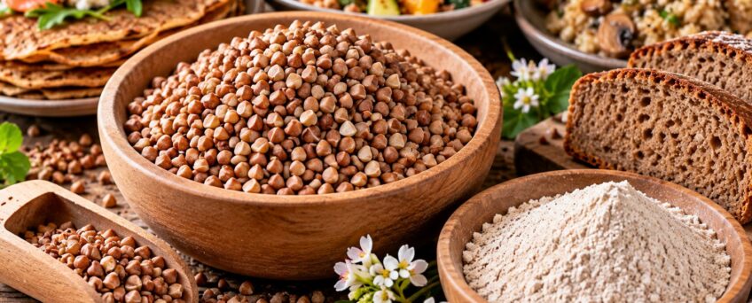 Grano saraceno in chicchi e farina con piatti a base di grano saraceno