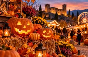 Zucche di Halloween illuminate a una sagra autunnale in Lombardia