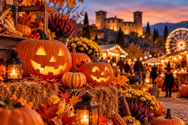Zucche di Halloween illuminate a una sagra autunnale in Lombardia