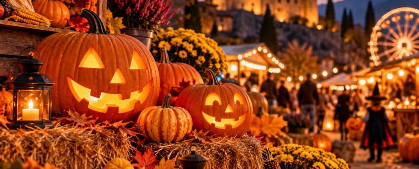 Zucche di Halloween illuminate a una sagra autunnale in Lombardia