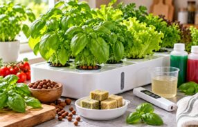 Sistema idroponico da cucina con basilico e insalata, argilla espansa, lana di roccia e misuratore EC