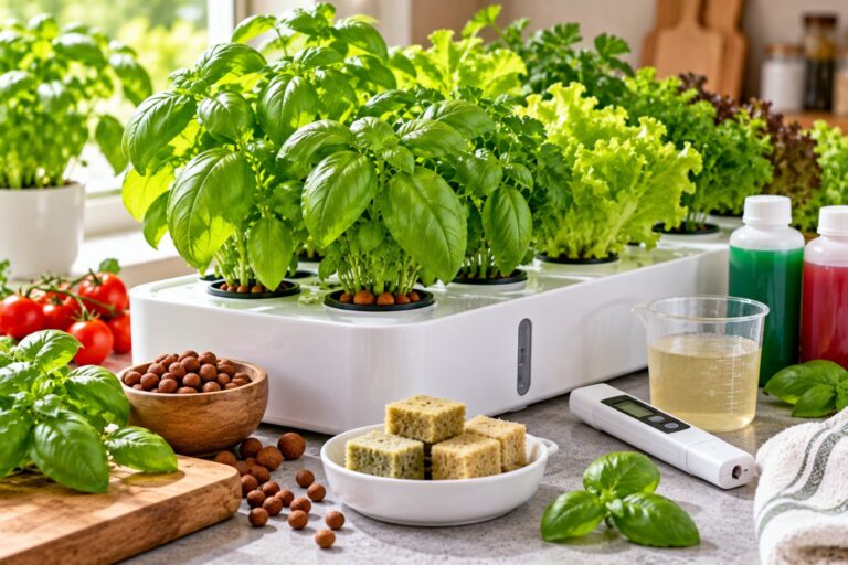 Sistema idroponico da cucina con basilico e insalata, argilla espansa, lana di roccia e misuratore EC