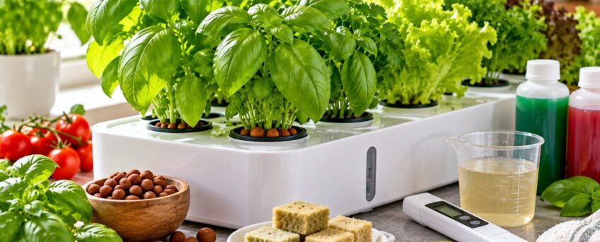 Sistema idroponico da cucina con basilico e insalata, argilla espansa, lana di roccia e misuratore EC