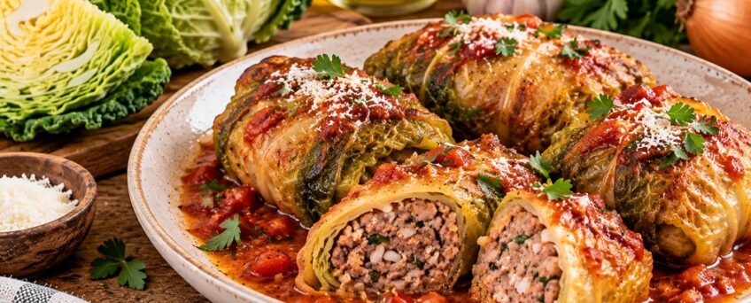 Involtini di verza ripieni di carne al sugo