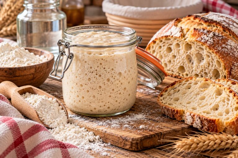 Lievito madre attivo in un barattolo di vetro con pane