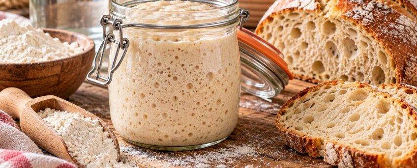 Lievito madre attivo in un barattolo di vetro con pane