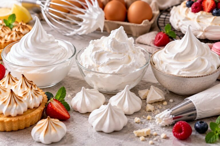 Tre ciotole di meringa italiana, francese e svizzera con meringhe secche e tartellette meringate