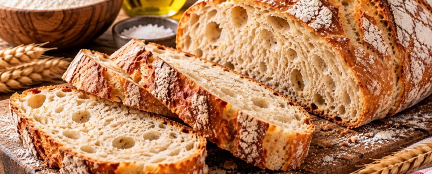Pagnotta di pane fatto in casa con crosta croccante tagliata a fette