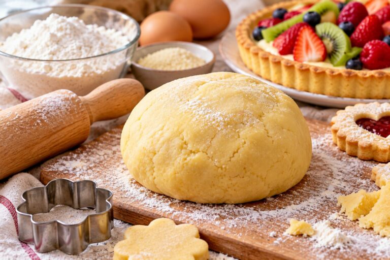 Panetto di pasta frolla senza glutine con mattarello, formine e crostata di frutta
