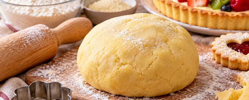 Panetto di pasta frolla senza glutine con mattarello, formine e crostata di frutta