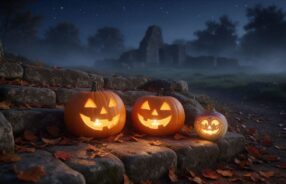 Zucche intagliate illuminate da candele e una rapa intagliata, simboli di Halloween