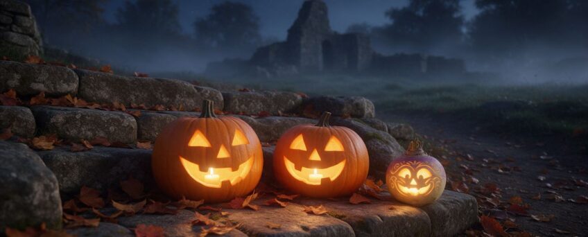 Zucche intagliate illuminate da candele e una rapa intagliata, simboli di Halloween
