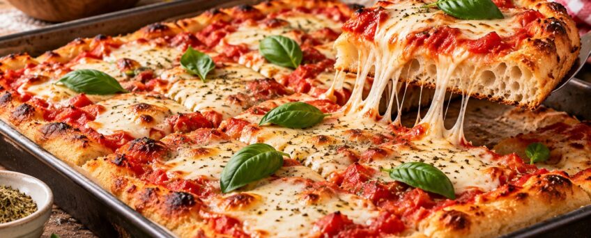 Pizza fatta in casa in teglia con mozzarella filante