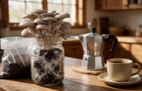 Pleurotus che crescono sui fondi di caffè accanto a una moka