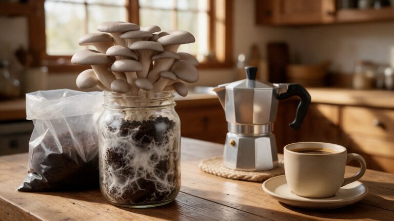 Pleurotus che crescono sui fondi di caffè accanto a una moka