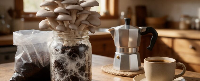 Pleurotus che crescono sui fondi di caffè accanto a una moka
