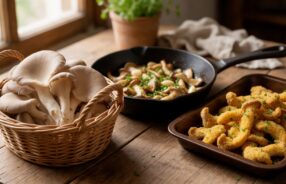 Pleurotus appena raccolti, pleurotus trifolati in padella e pleurotus impanati al forno