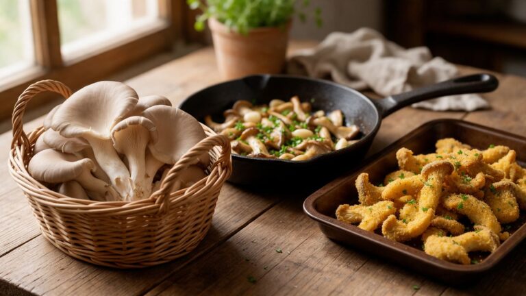 Pleurotus appena raccolti, pleurotus trifolati in padella e pleurotus impanati al forno