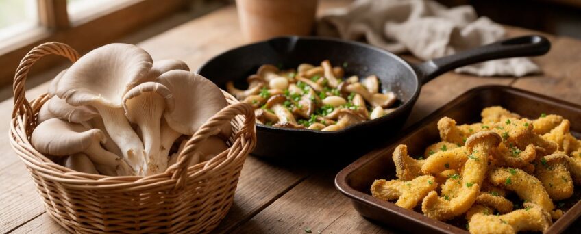 Pleurotus appena raccolti, pleurotus trifolati in padella e pleurotus impanati al forno