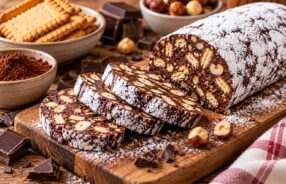 Salame di cioccolato a fette con zucchero a velo