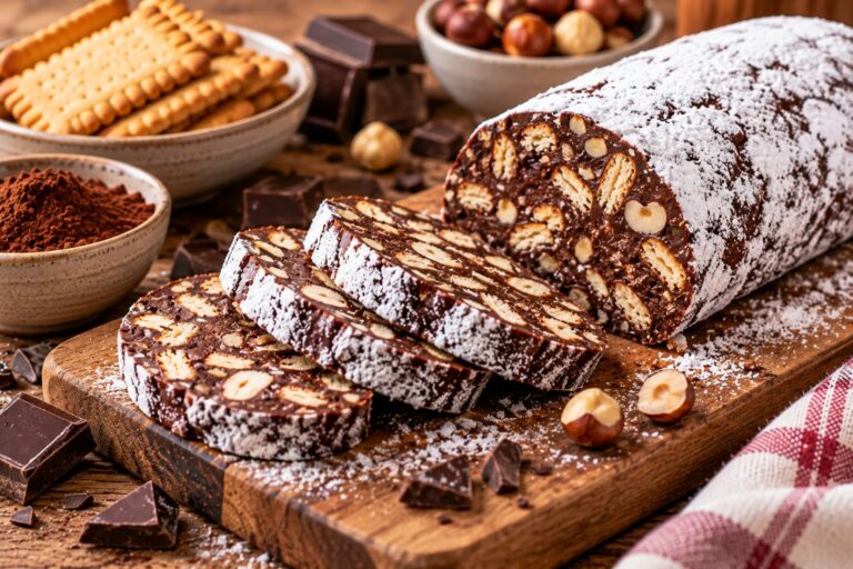 Salame di cioccolato a fette con zucchero a velo