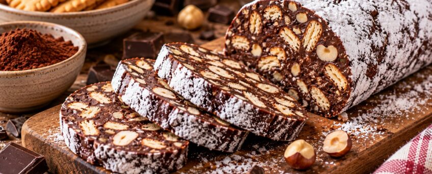 Salame di cioccolato a fette con zucchero a velo