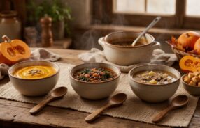 Vellutata di zucca, zuppa di legumi e cavolo nero e zuppa di funghi con crostini