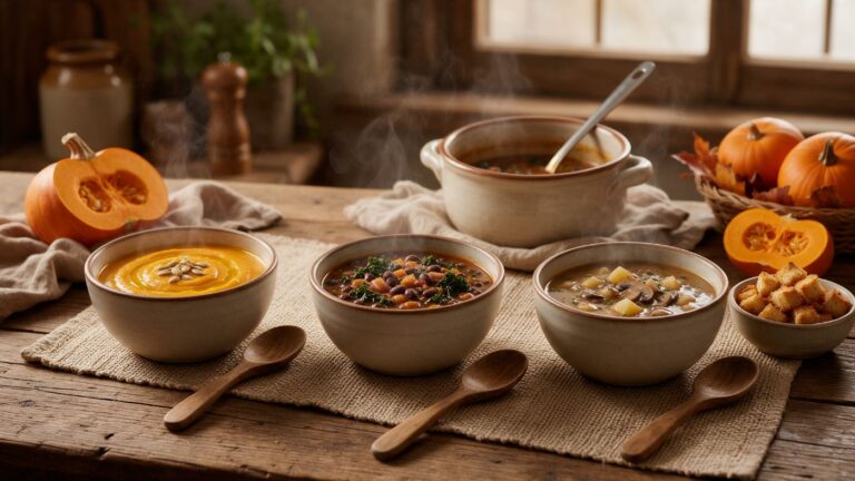 Vellutata di zucca, zuppa di legumi e cavolo nero e zuppa di funghi con crostini